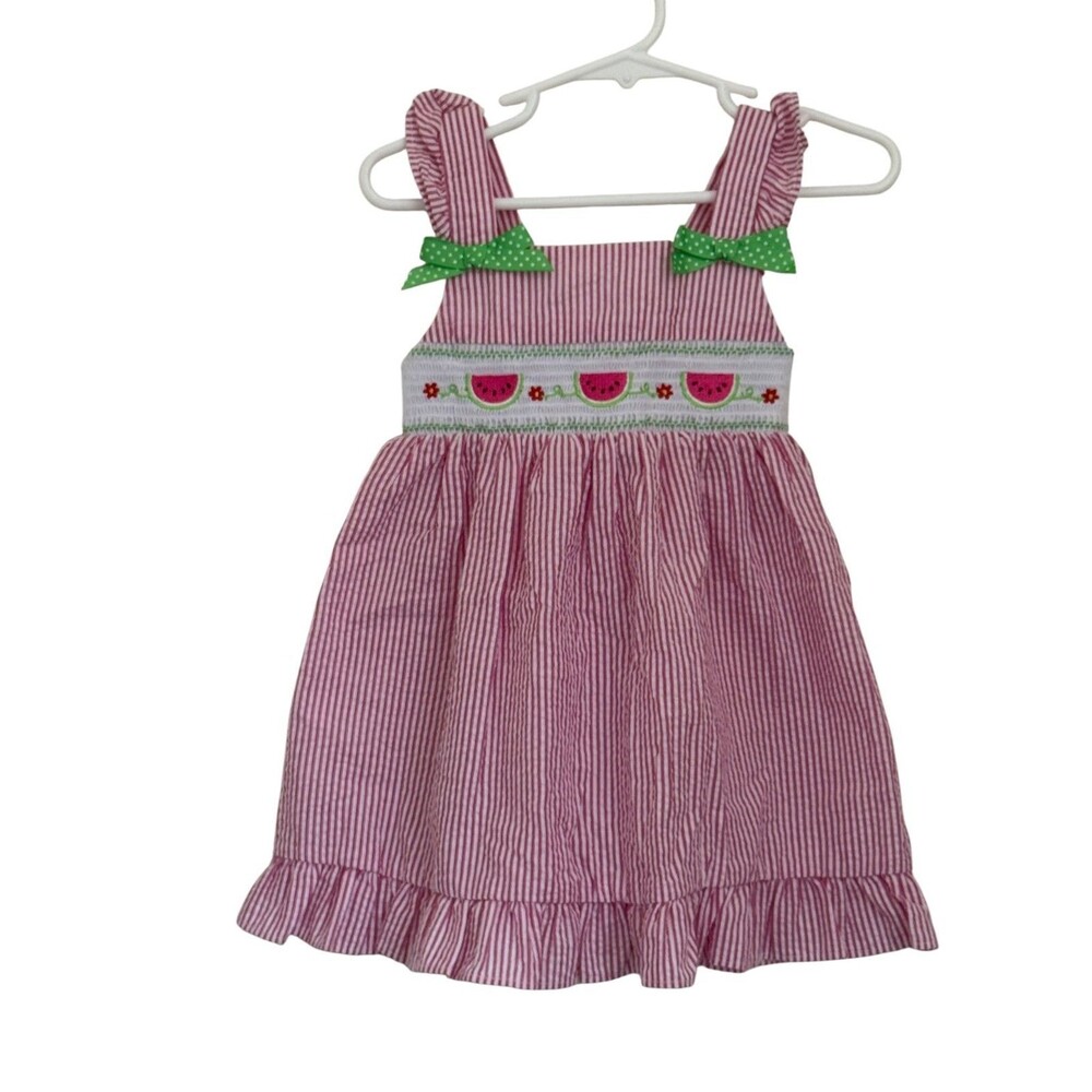 Vintage Goodlad Girls Watermelon Smocked Seersucker Dress Pink White Size 4T